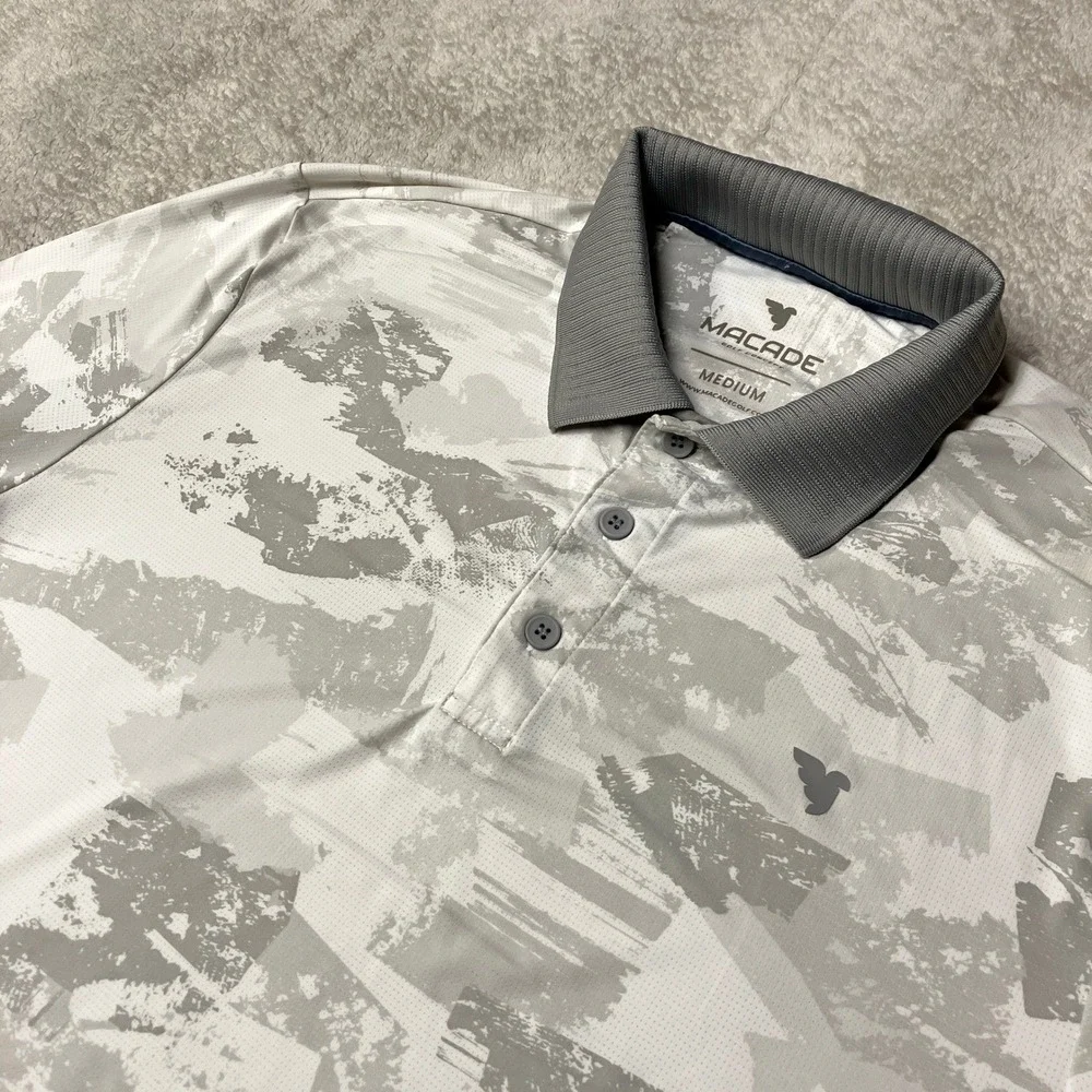 Macade Golf Polo Shirt Camo Gray White Abstract Performance Mens Medium